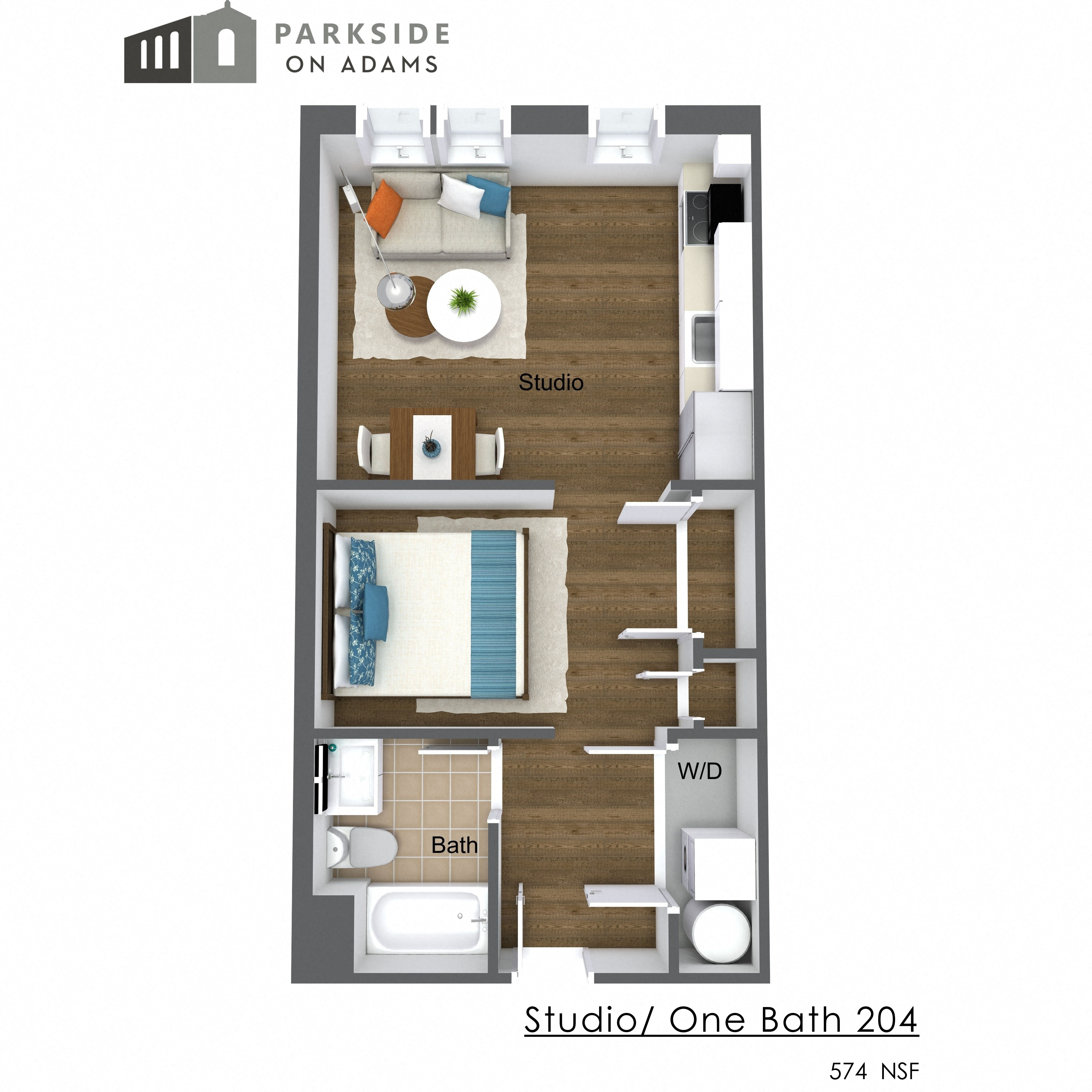 Floor plan for studio, 1 bath, 575 sqft